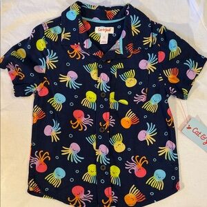 Cat & Jack Navy Short Sleeve Button Down Shirt with Multicolor Octopus Print
